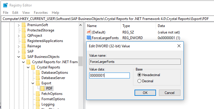 Registry example for Crystal Font Size when Exporting to PDF